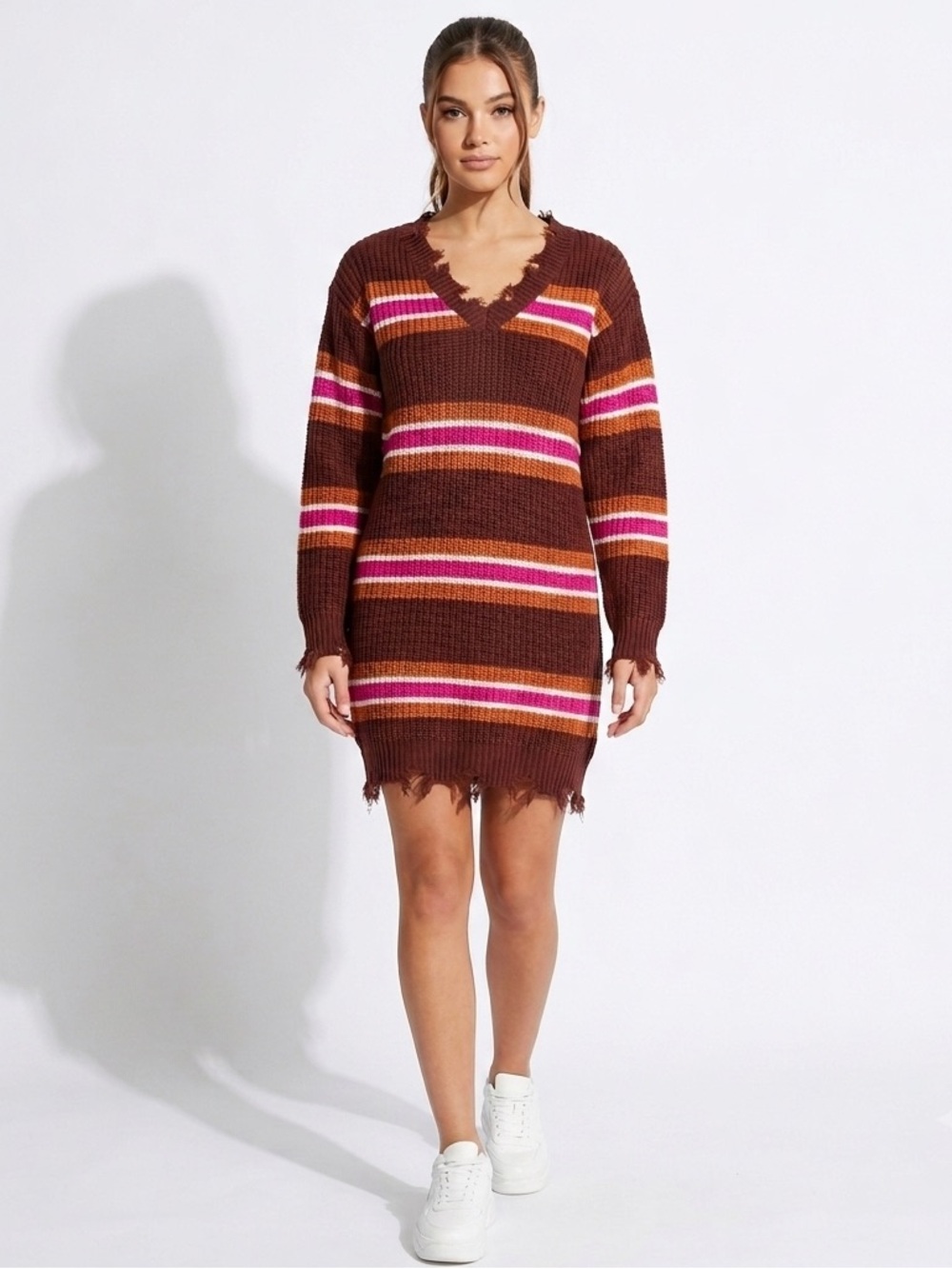No Comment Distressed Striped Sweater Dress S NWT Cozy Fall Colorblock